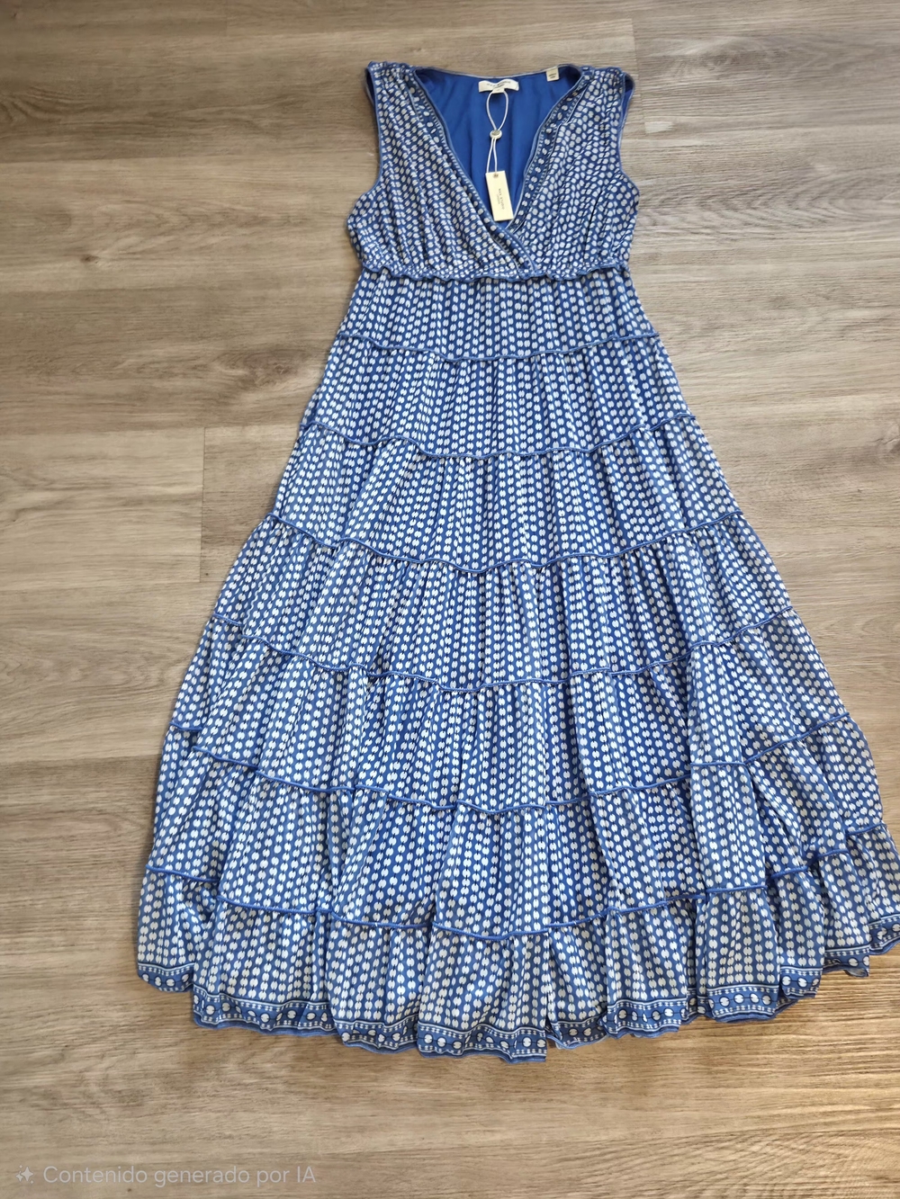 Max Studio Blue V-Neck Tiered Maxi Dress with Ditsy Print - Picture 2 of 7
